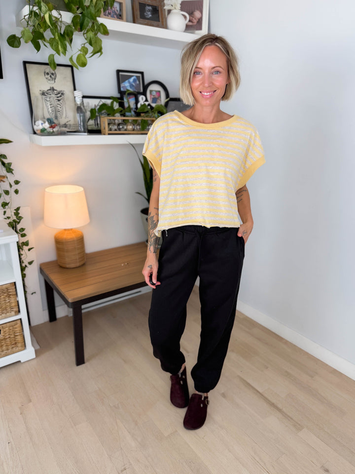 Melissa Striped Terry Open Back Top- YELLOW/HEATHER OATMEAL