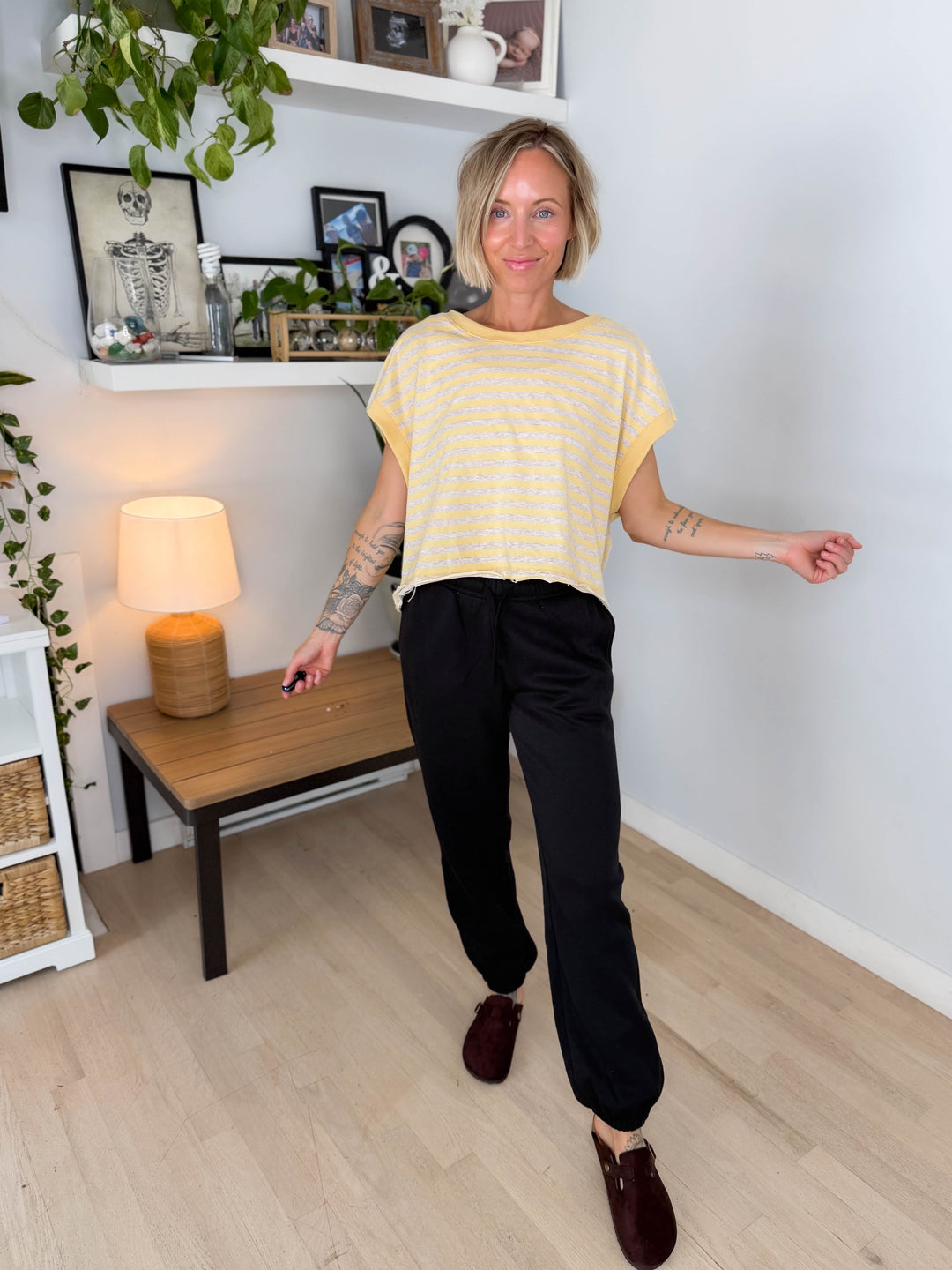 Melissa Striped Terry Open Back Top- YELLOW/HEATHER OATMEAL