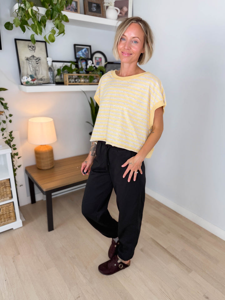 Melissa Striped Terry Open Back Top- YELLOW/HEATHER OATMEAL