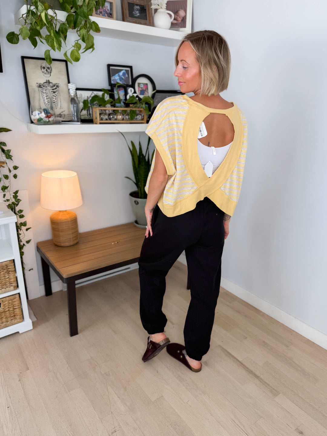 Melissa Striped Terry Open Back Top- YELLOW/HEATHER OATMEAL