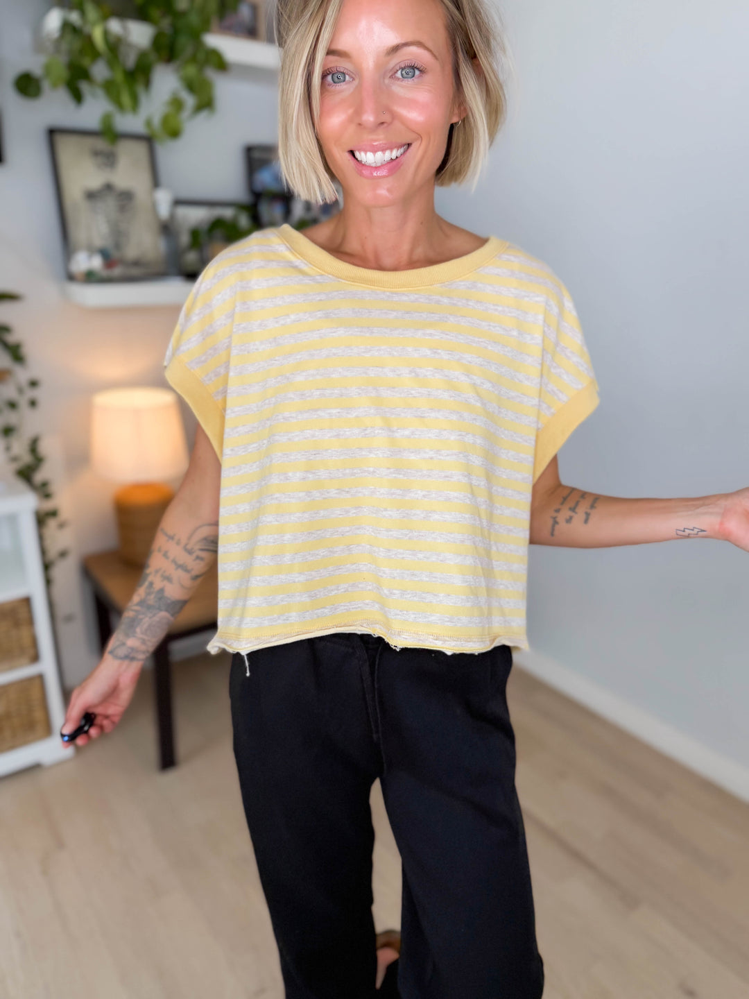 Melissa Striped Terry Open Back Top- YELLOW/HEATHER OATMEAL