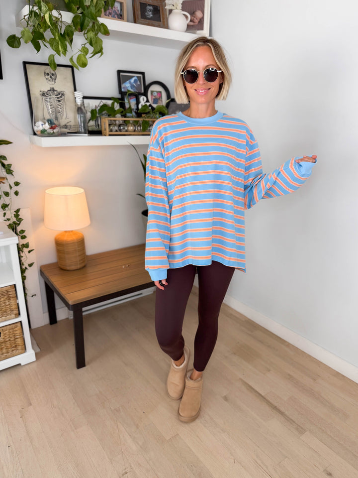 Cady Stripe Long Sleeve Pullover- BLUE/PEACH