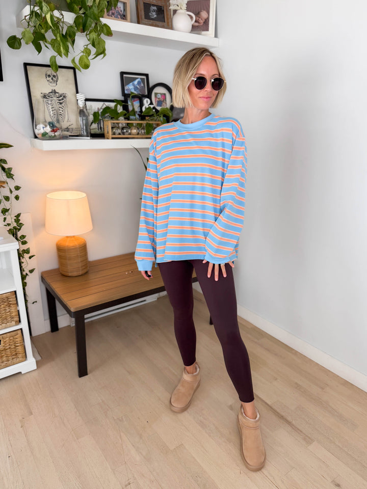 Cady Stripe Long Sleeve Pullover- BLUE/PEACH
