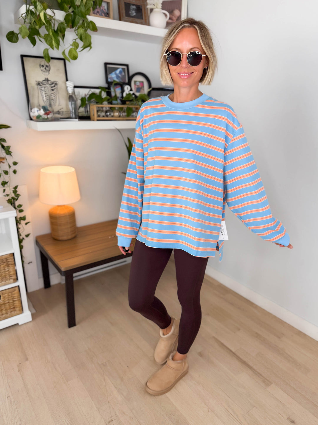 Cady Stripe Long Sleeve Pullover- BLUE/PEACH