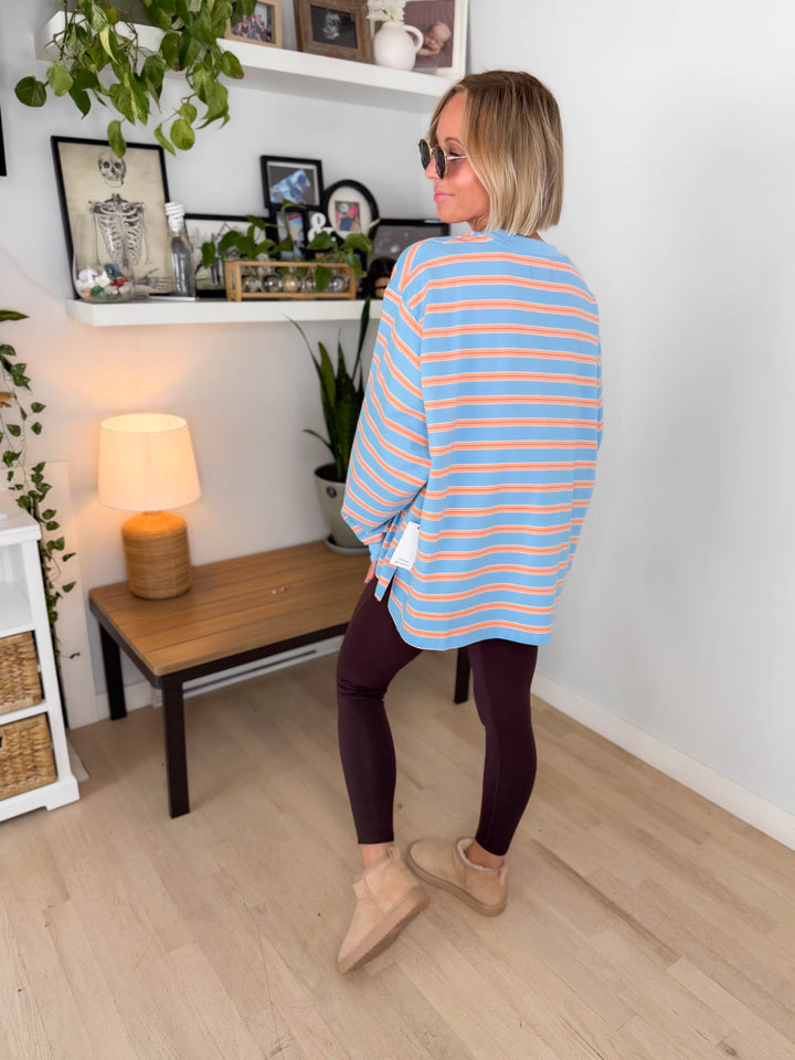 Cady Stripe Long Sleeve Pullover- BLUE/PEACH