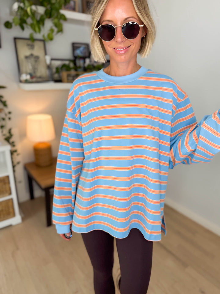 Cady Stripe Long Sleeve Pullover- BLUE/PEACH