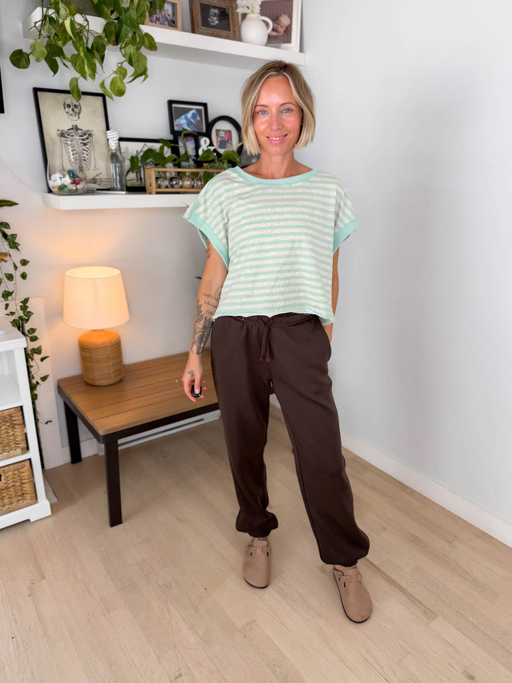 Melissa Striped Terry Open Back Top- MINT/HEATHER OATMEAL