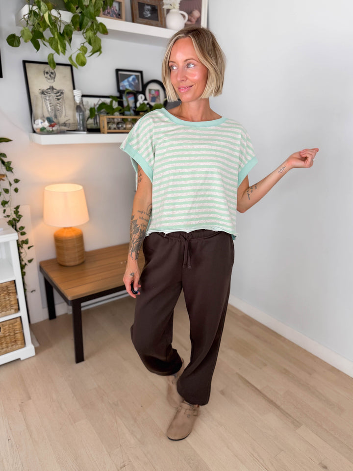 Melissa Striped Terry Open Back Top- MINT/HEATHER OATMEAL