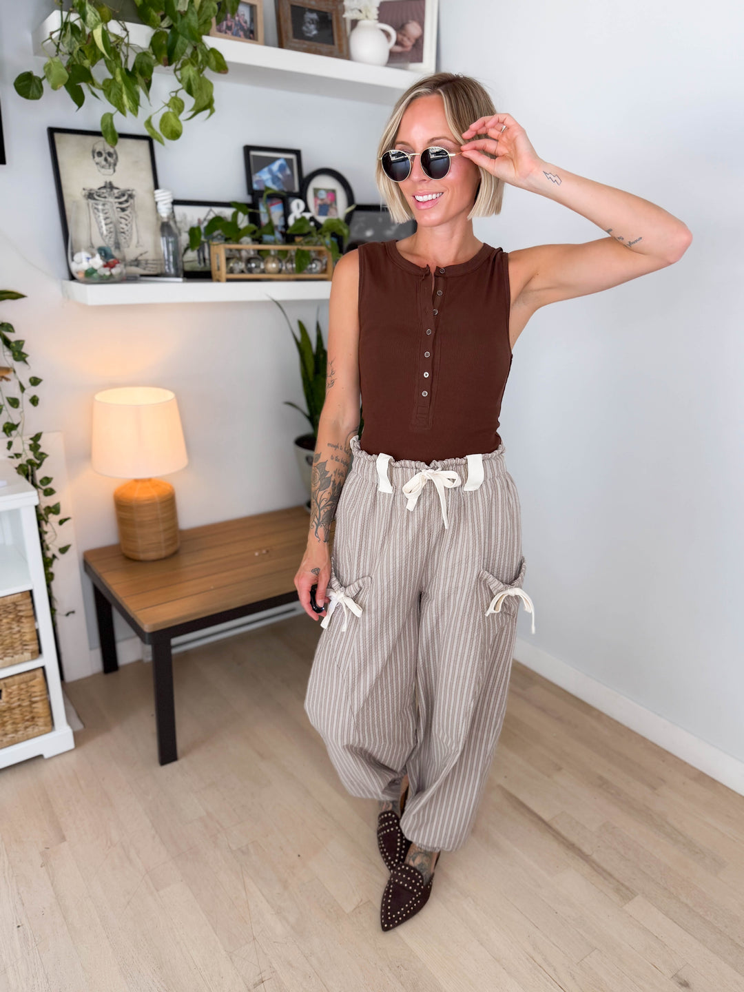 Rosaline Gauze Harem Pant- TAUPE/WHITE