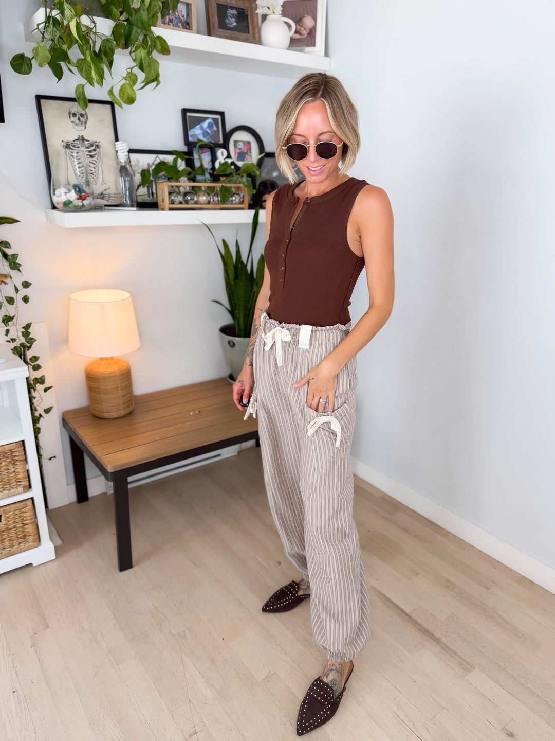 Rosaline Gauze Harem Pant- TAUPE/WHITE