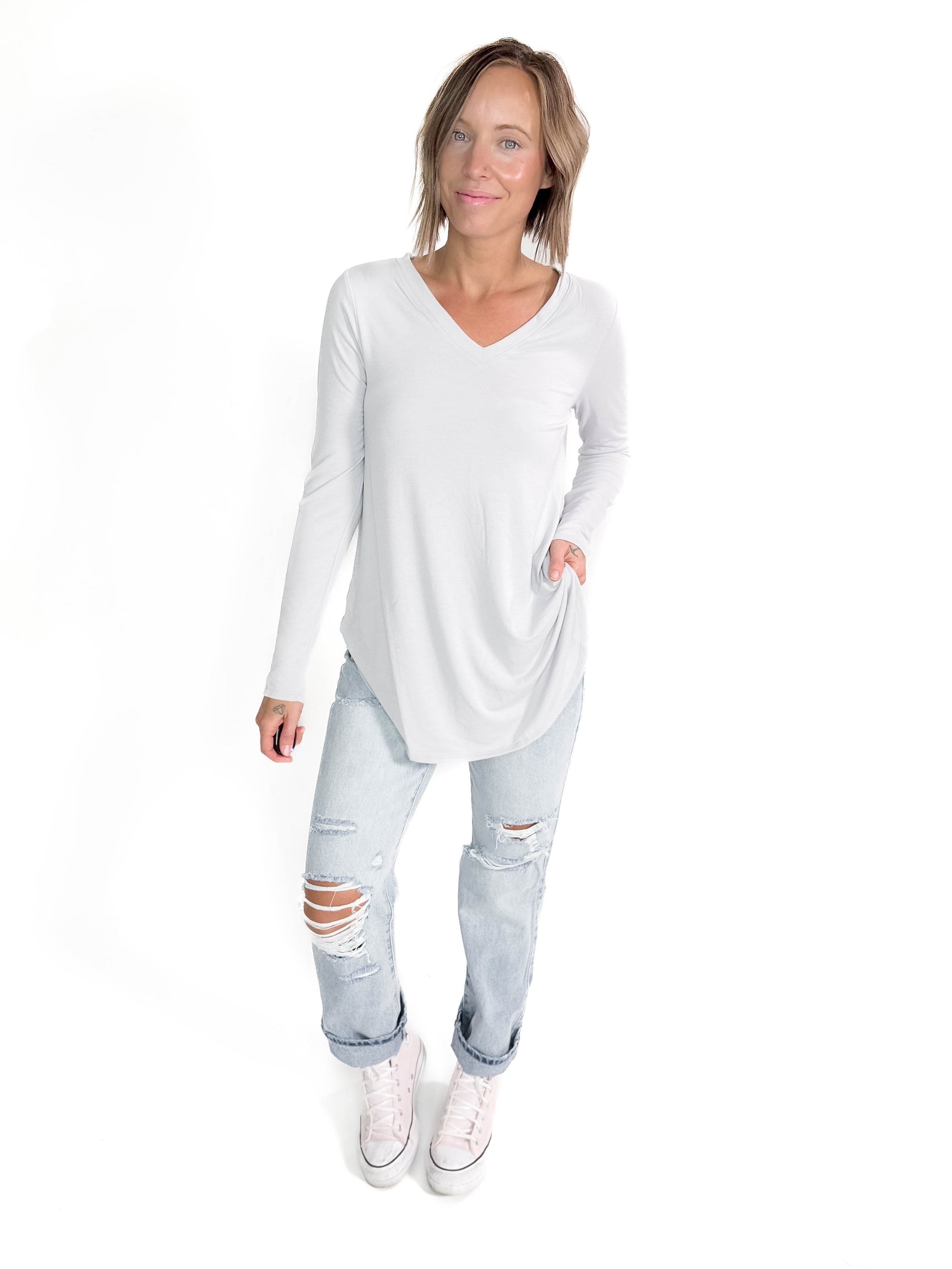 Double V Neck Seamless Top- WHITE