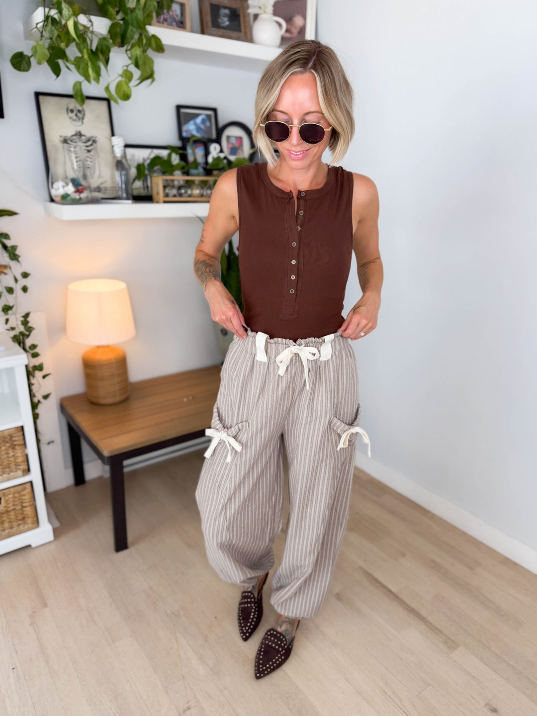 Rosaline Gauze Harem Pant- TAUPE/WHITE