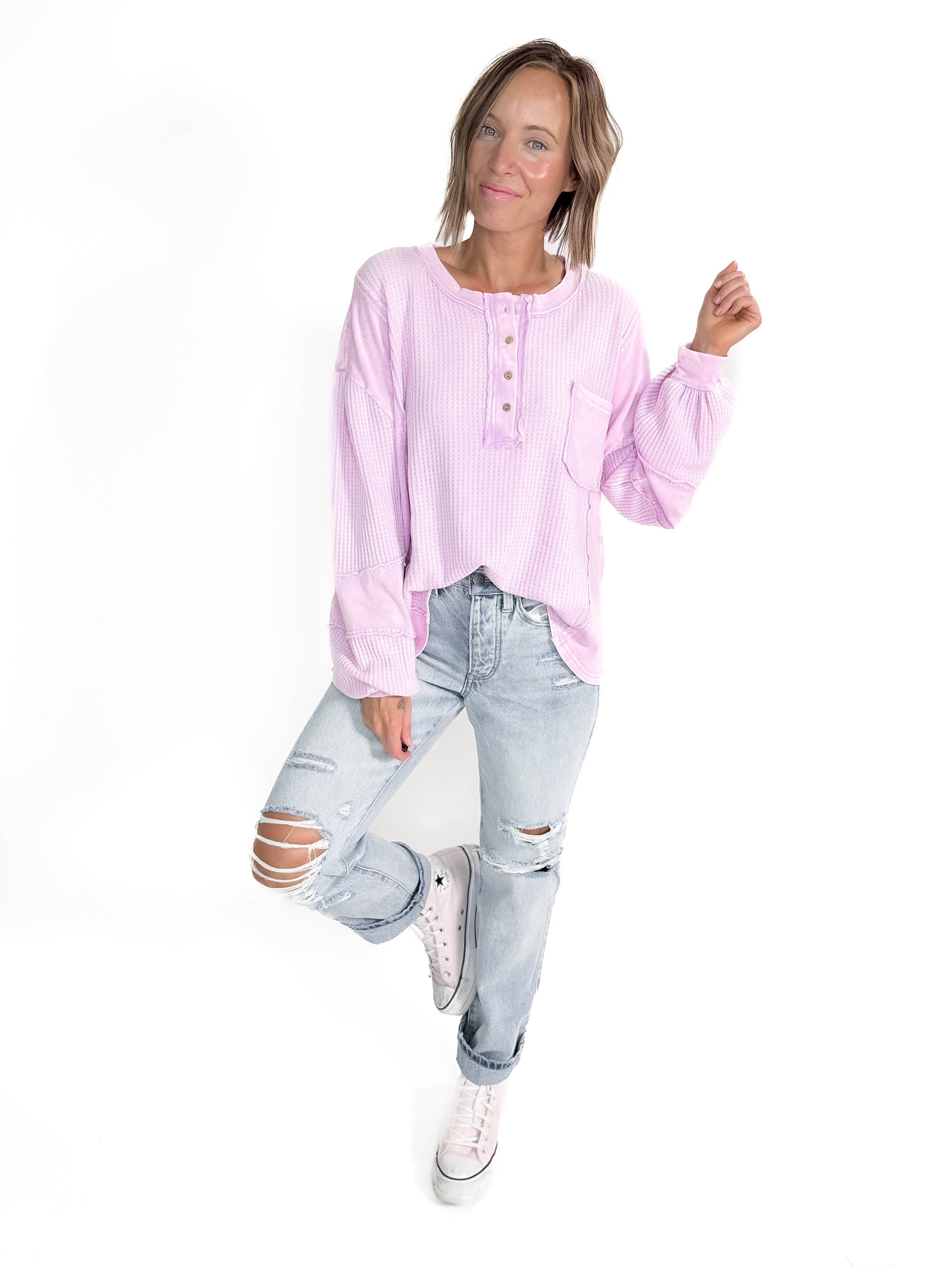 Shayna Thermal Knit Long Sleeve Tunic- LILAC ROSE