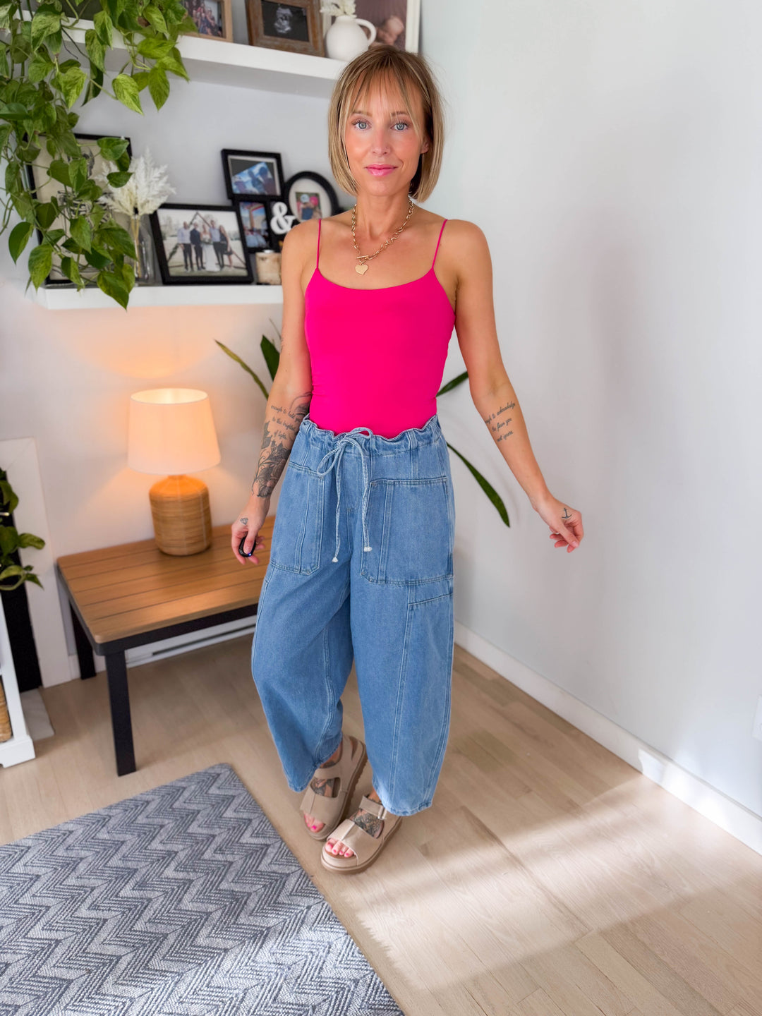 Deana Drawstring Barrel Pants- LIGHT DENIM-FINAL SALE