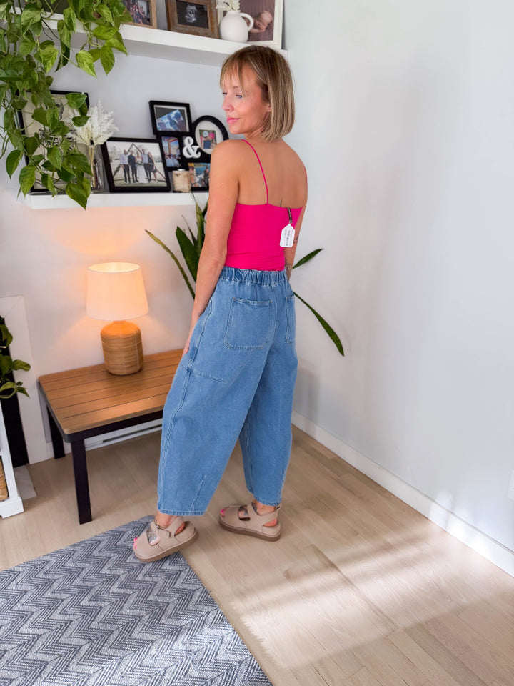 Deana Drawstring Barrel Pants- LIGHT DENIM-FINAL SALE
