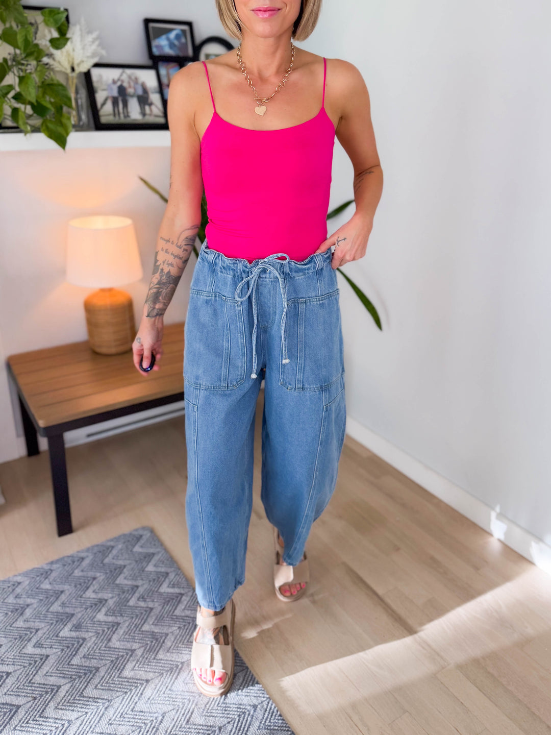 Deana Drawstring Barrel Pants- LIGHT DENIM-FINAL SALE