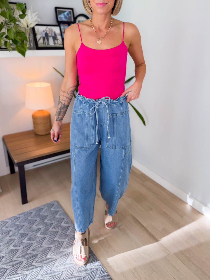 Deana Drawstring Barrel Pants- LIGHT DENIM-FINAL SALE