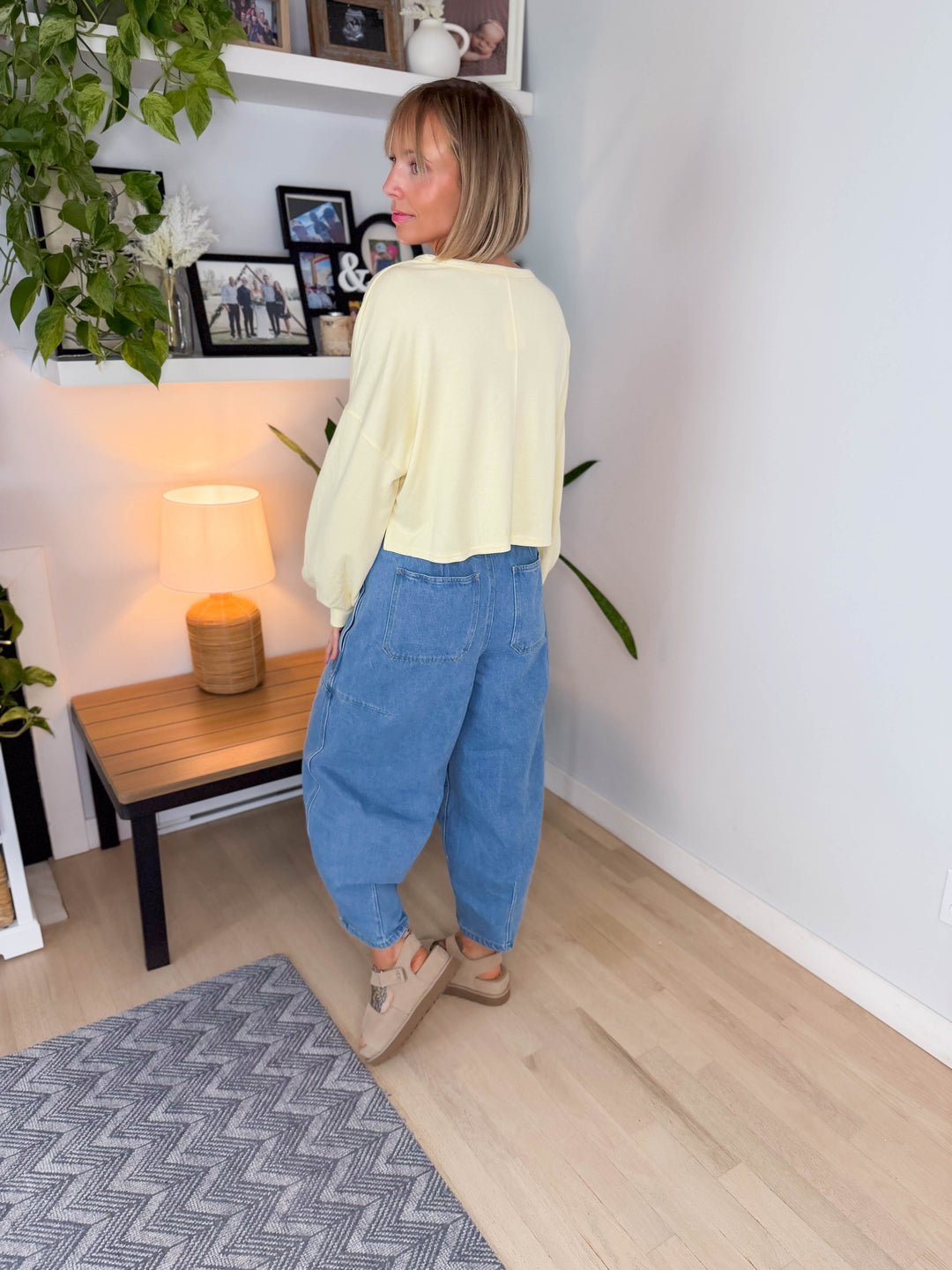 Daphne Split Neck Long Sleeve Cropped Knit Top- BUTTER YELLOW