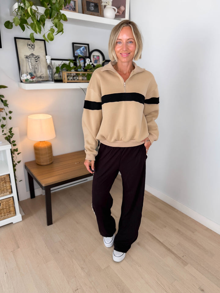 Elm Stripe Block 1/4 Zip- TAUPE/BLACK