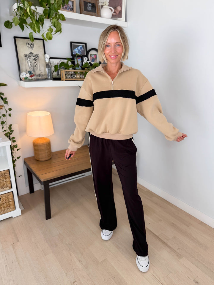 Elm Stripe Block 1/4 Zip- TAUPE/BLACK