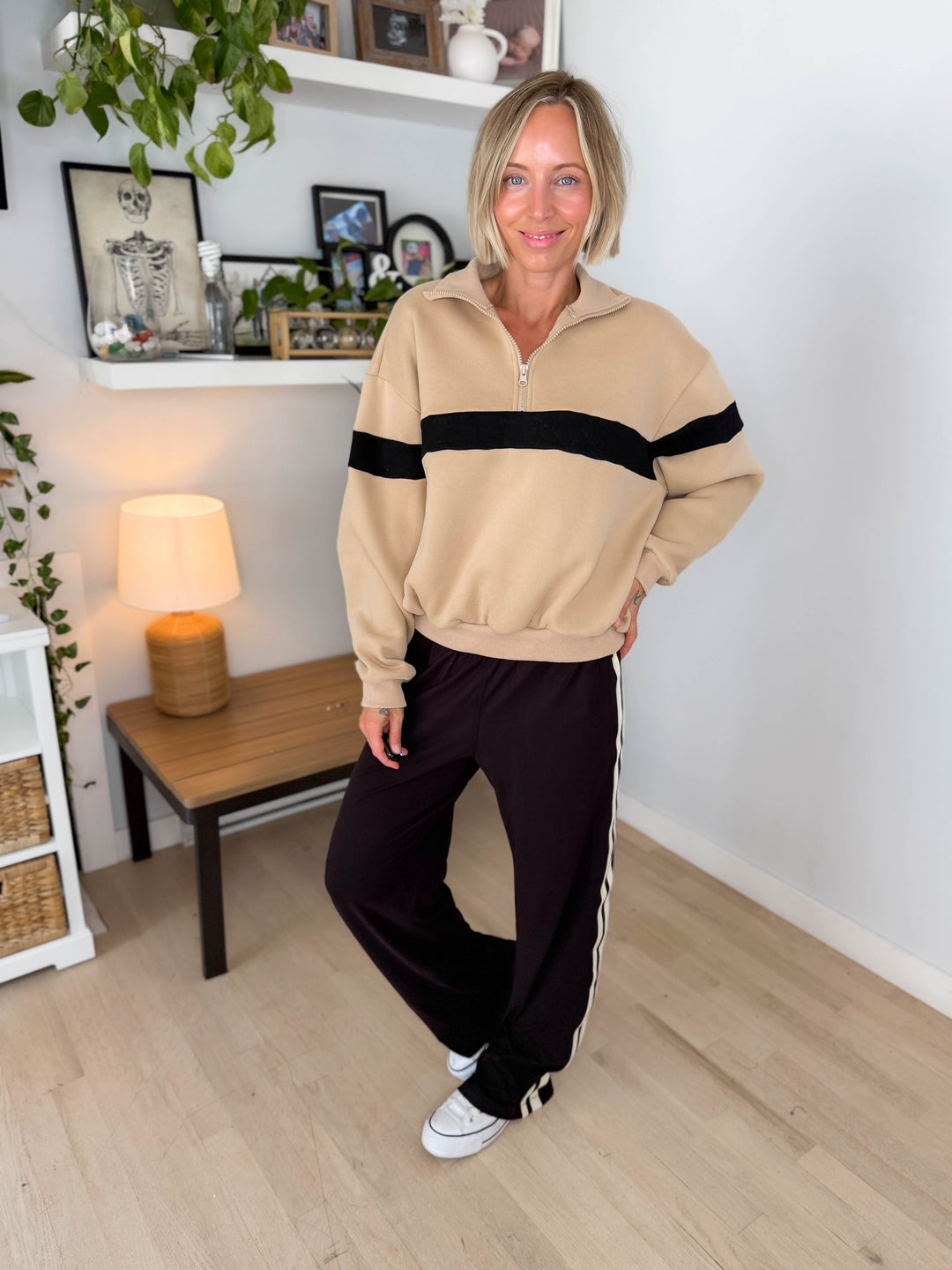 Elm Stripe Block 1/4 Zip- TAUPE/BLACK