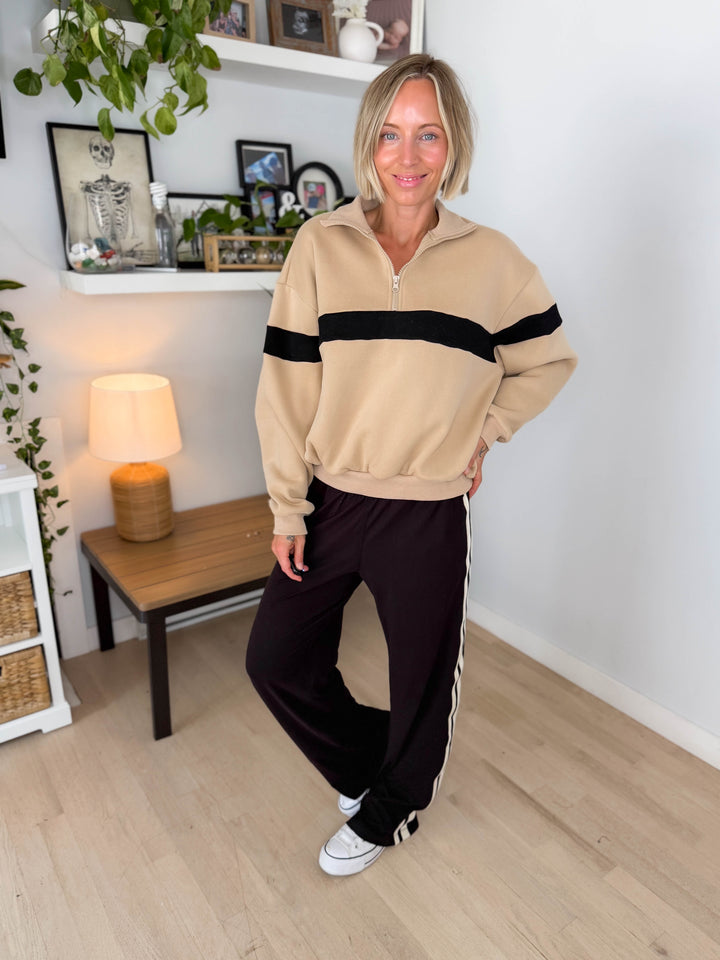 Elm Stripe Block 1/4 Zip- TAUPE/BLACK
