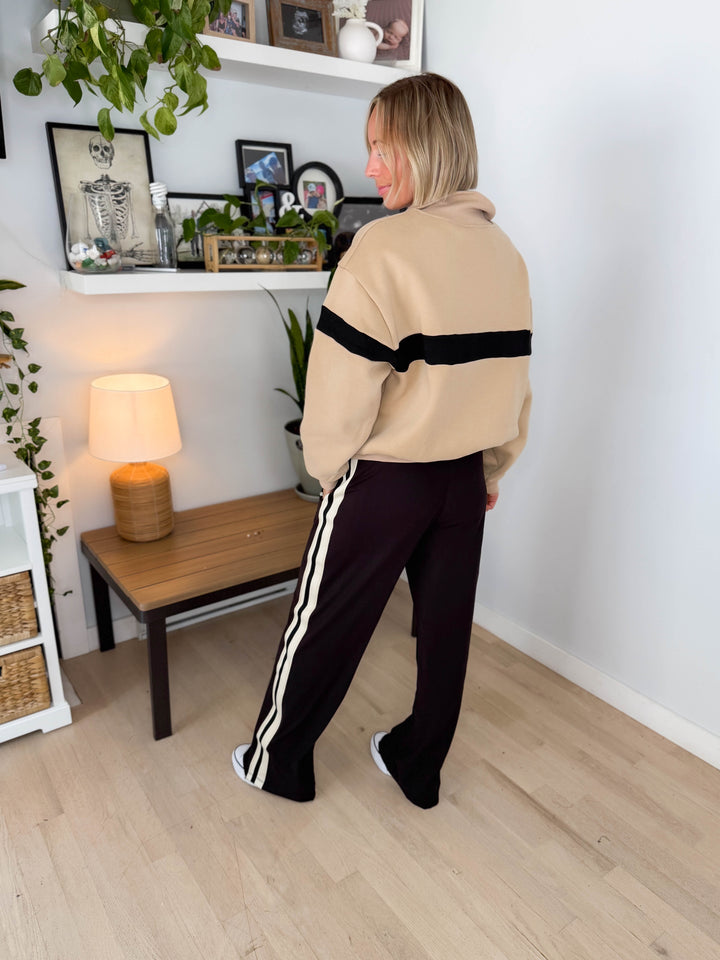 Elm Stripe Block 1/4 Zip- TAUPE/BLACK