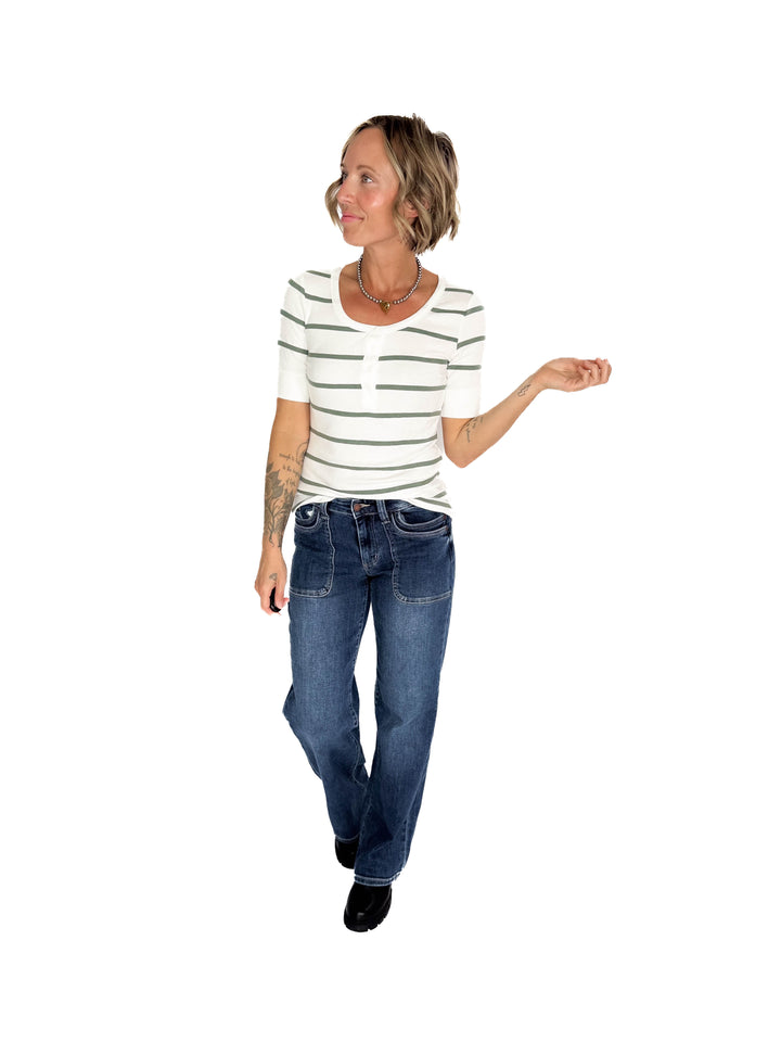 Chleo Classic Ribbed Striped Henley 1/2 Sleeve- SPRUCE-FINAL SALE
