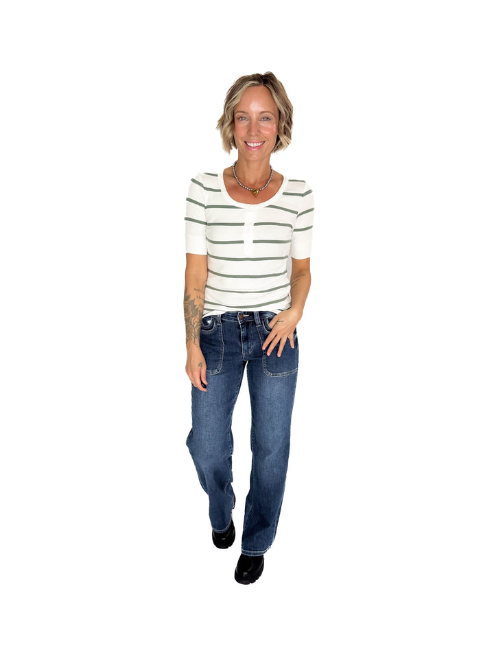 Chleo Classic Ribbed Striped Henley 1/2 Sleeve- SPRUCE-FINAL SALE