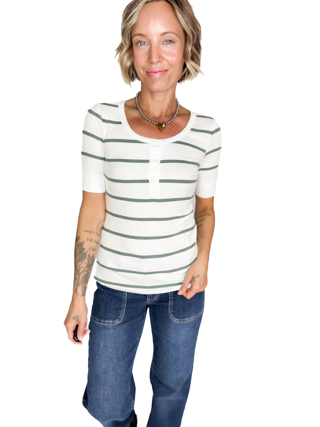 Chleo Classic Ribbed Striped Henley 1/2 Sleeve- SPRUCE-FINAL SALE