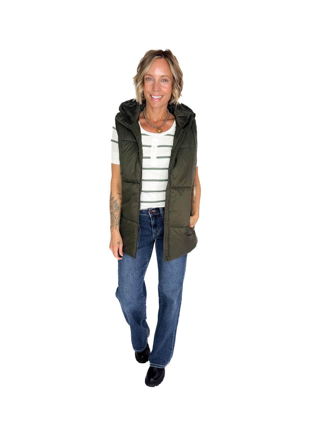 Chleo Classic Ribbed Striped Henley 1/2 Sleeve- SPRUCE-FINAL SALE