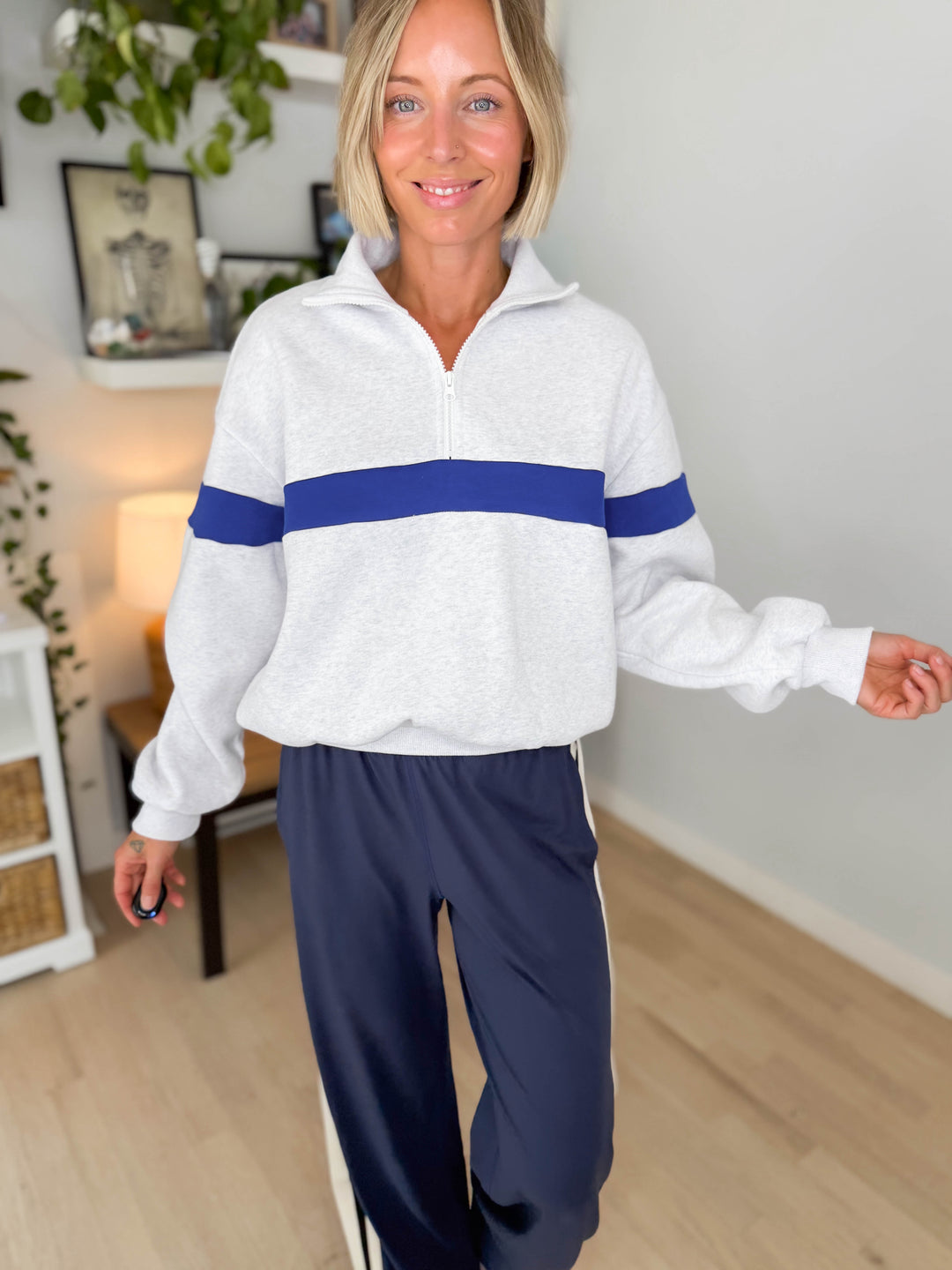 Elm Stripe Block 1/4 Zip- GREY/BLUE
