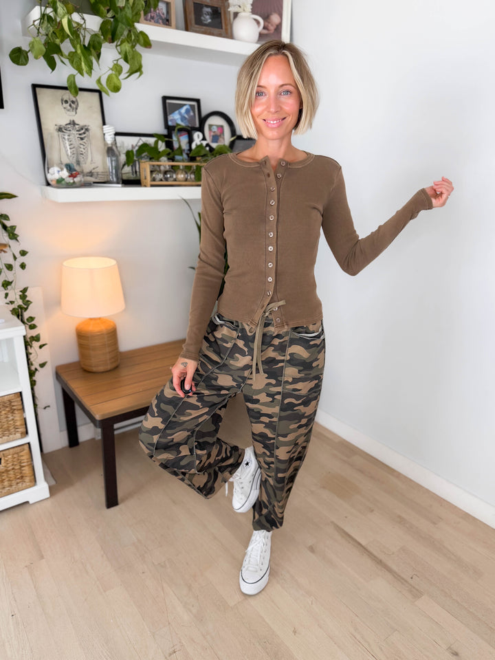 Dottie Button Front Long Sleeve- BROWN