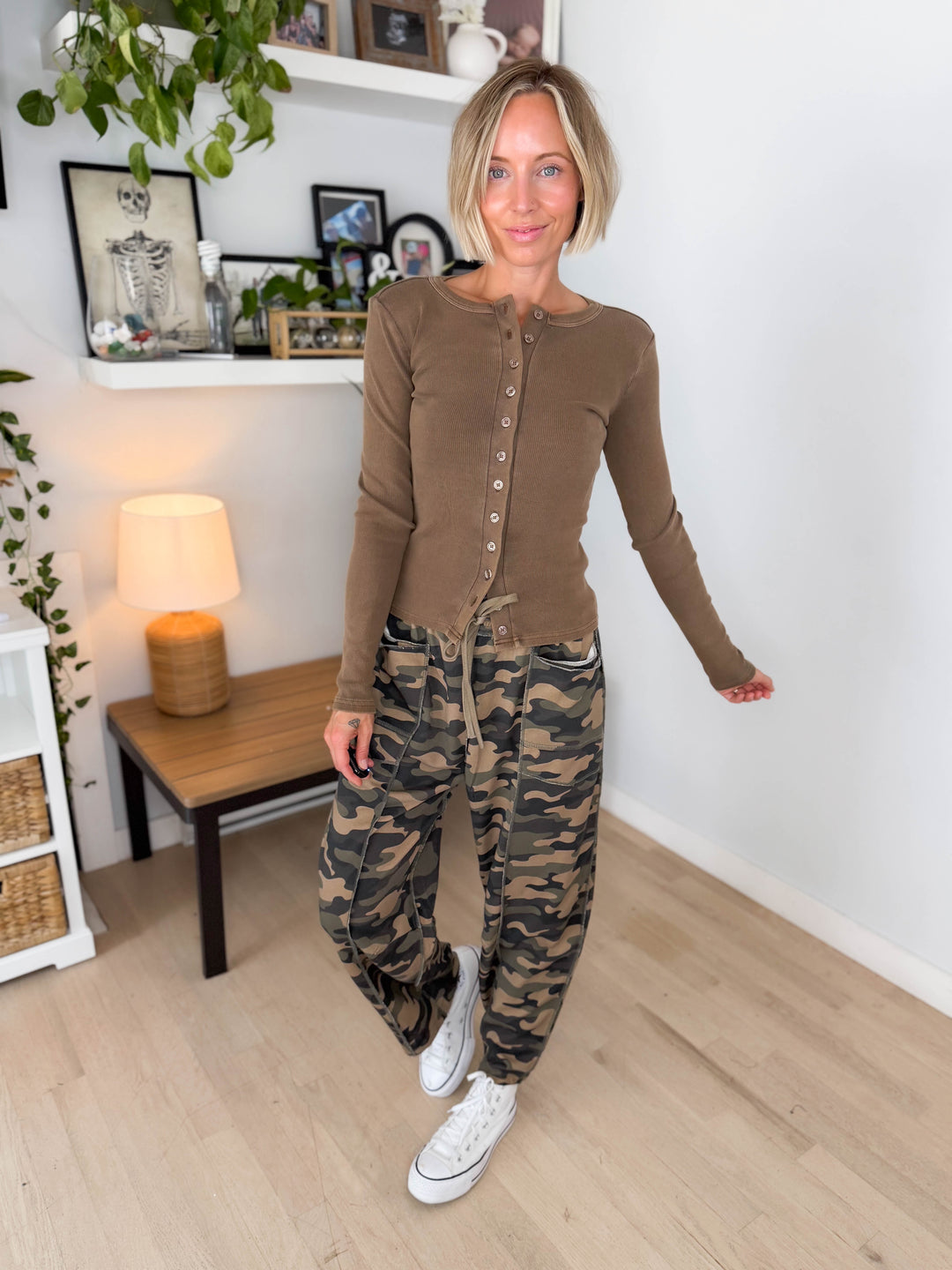 Dottie Button Front Long Sleeve- BROWN