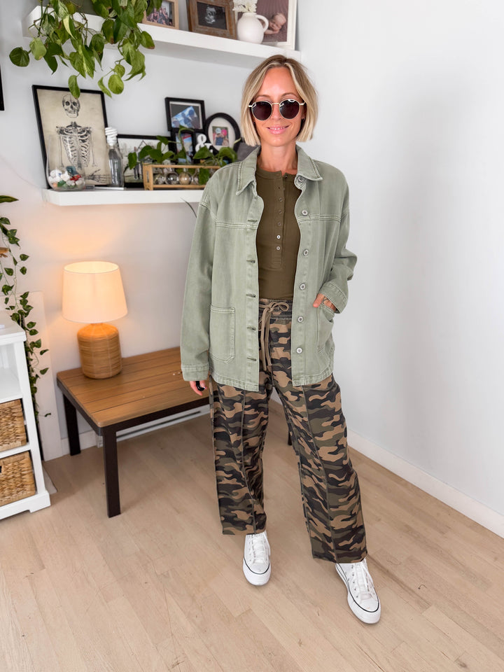 Grace Denim Button Up Jacket- OLIVE