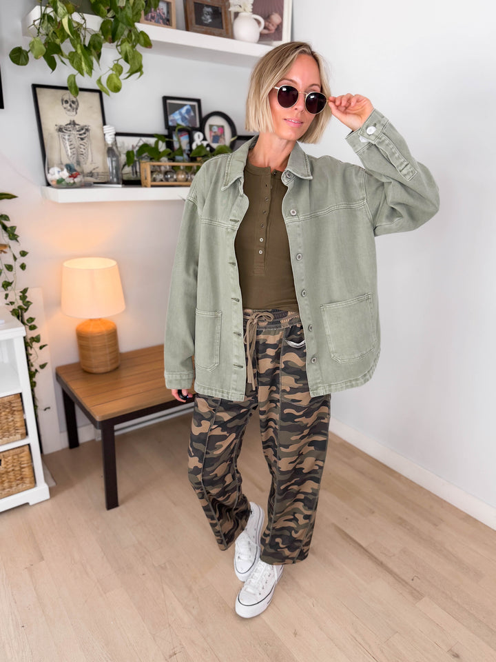 Grace Denim Button Up Jacket- OLIVE