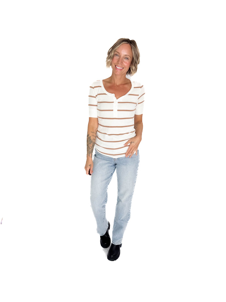 Chleo Classic Ribbed Striped Henley 1/2 Sleeve- CARAMEL-FINAL SALE