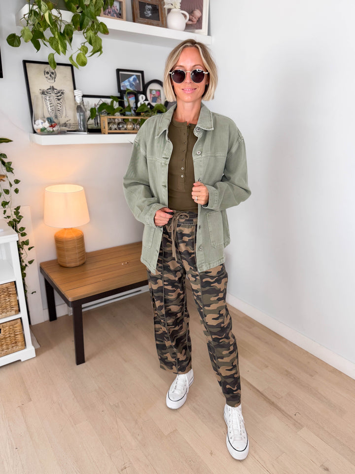 Grace Denim Button Up Jacket- OLIVE