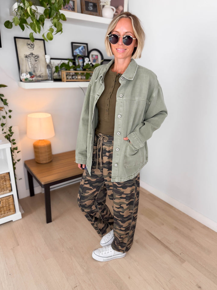 Grace Denim Button Up Jacket- OLIVE