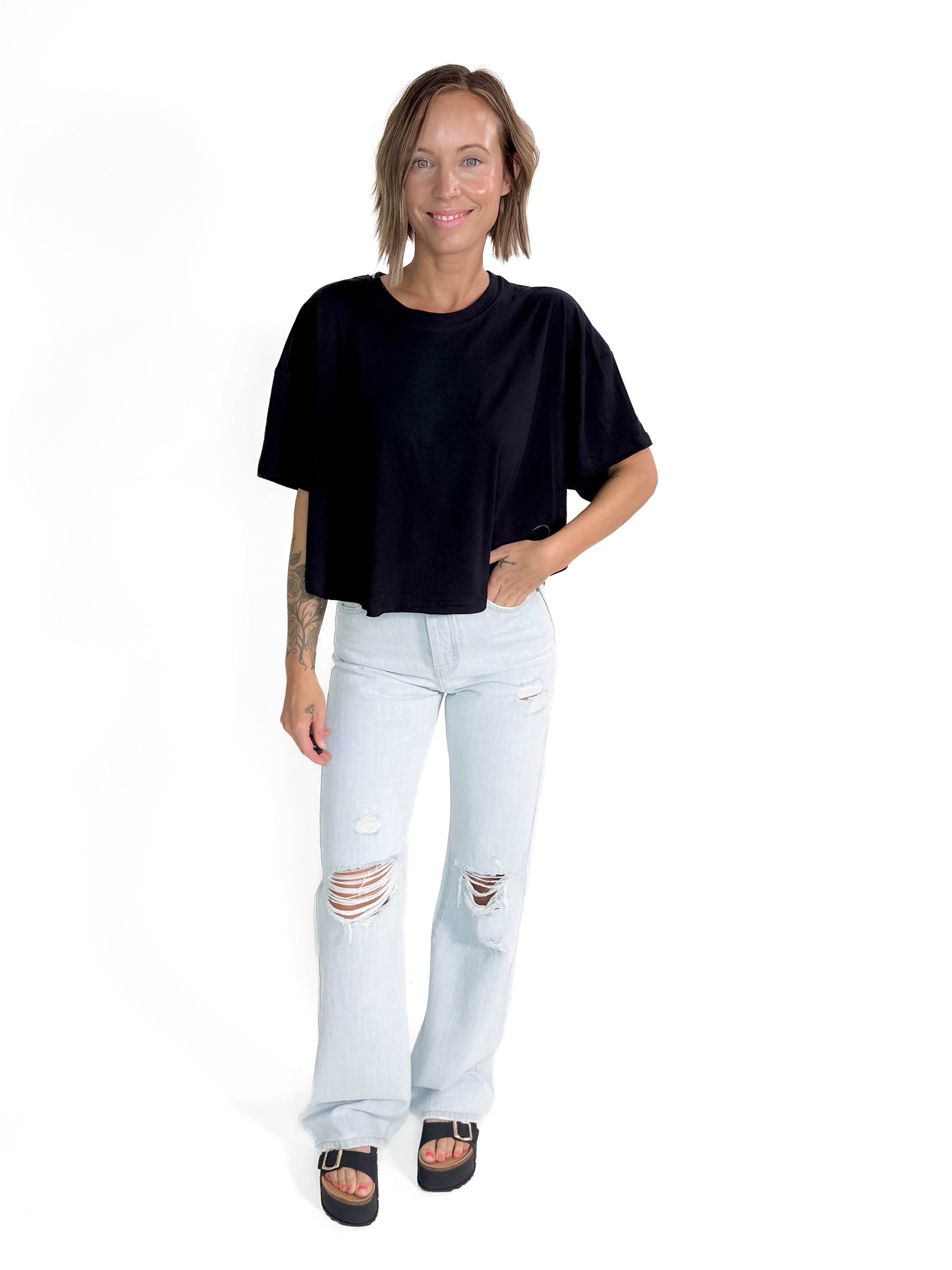 Classic Cotton Round Neck Top- BLACK