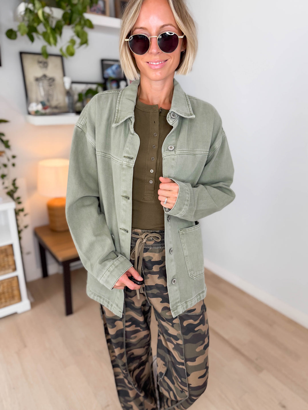 Grace Denim Button Up Jacket- OLIVE