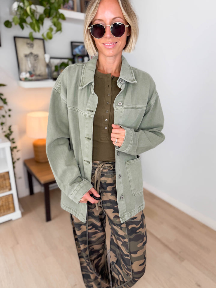 Grace Denim Button Up Jacket- OLIVE