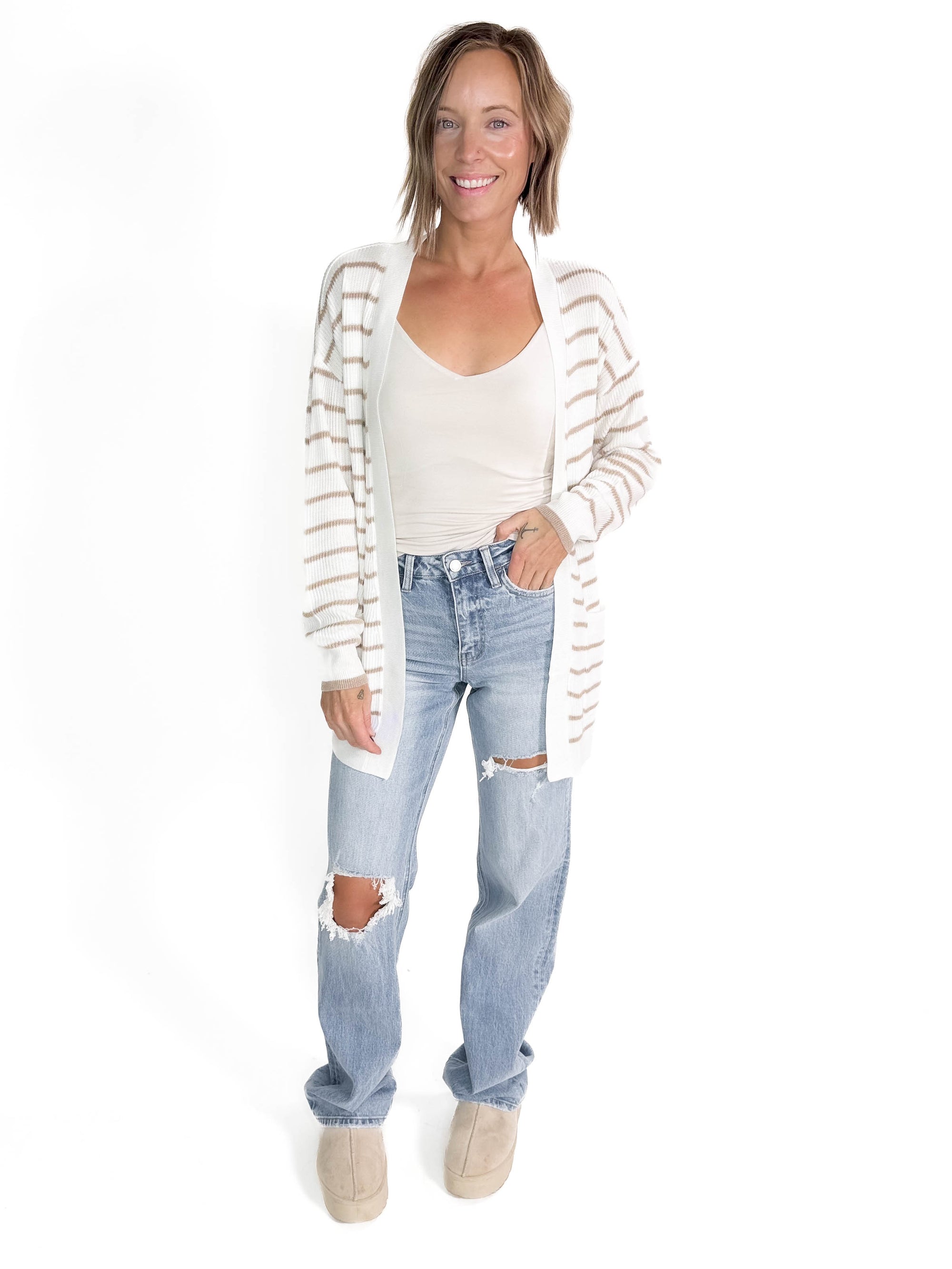 San Antonio Stripe Knit Cardigan- TAUPE