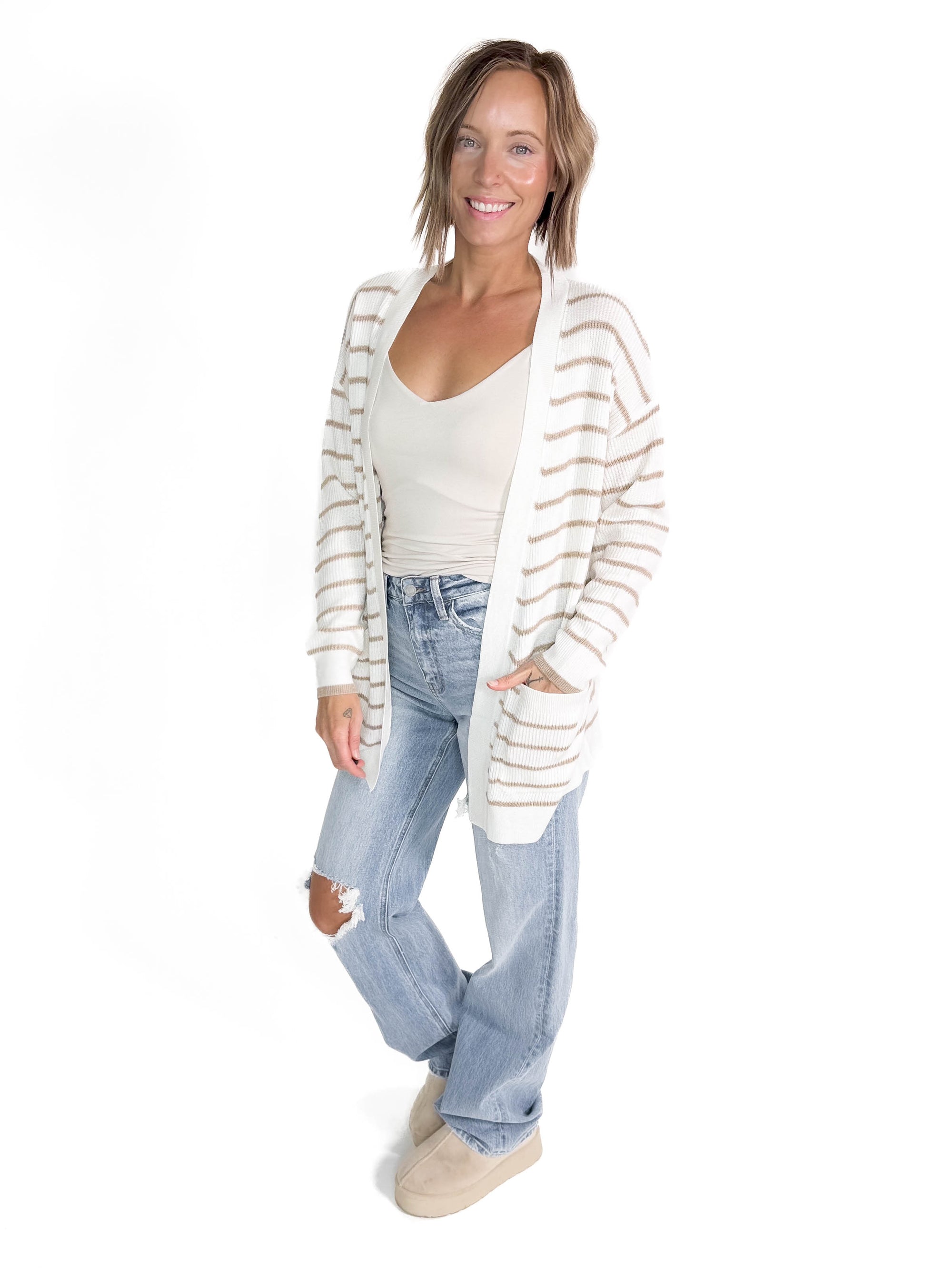 San Antonio Stripe Knit Cardigan- TAUPE