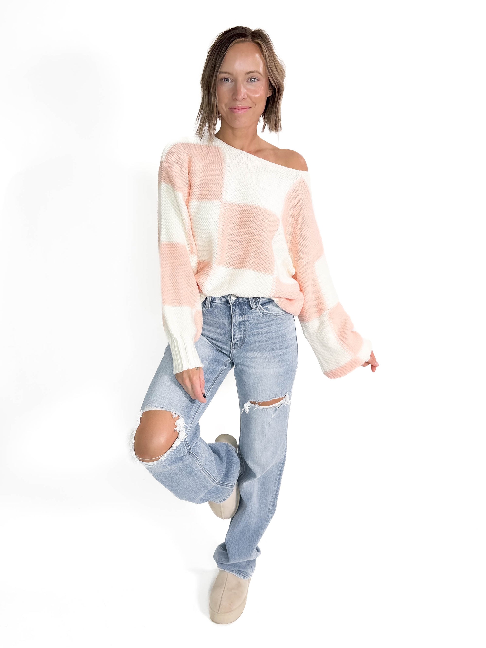 Catcher Checker Print Sweater- PEACHY PINK