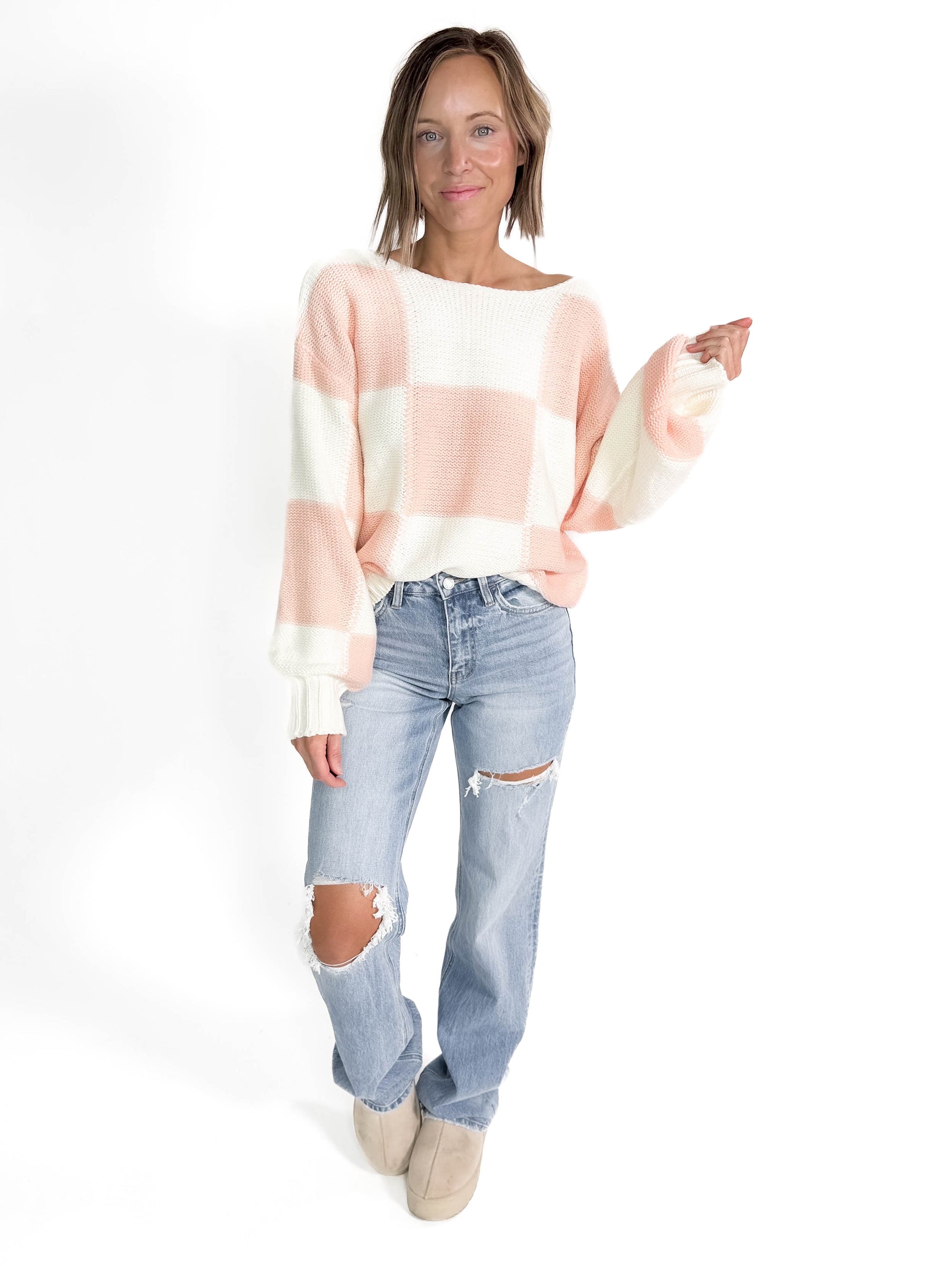 Catcher Checker Print Sweater- PEACHY PINK