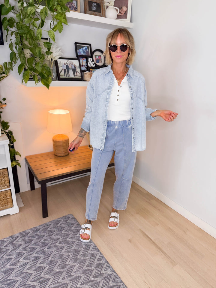 Keely Cotton Blend Button Down- LIGHT INDIGO