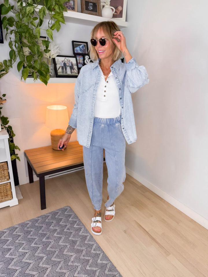 Keely Cotton Blend Button Down- LIGHT INDIGO