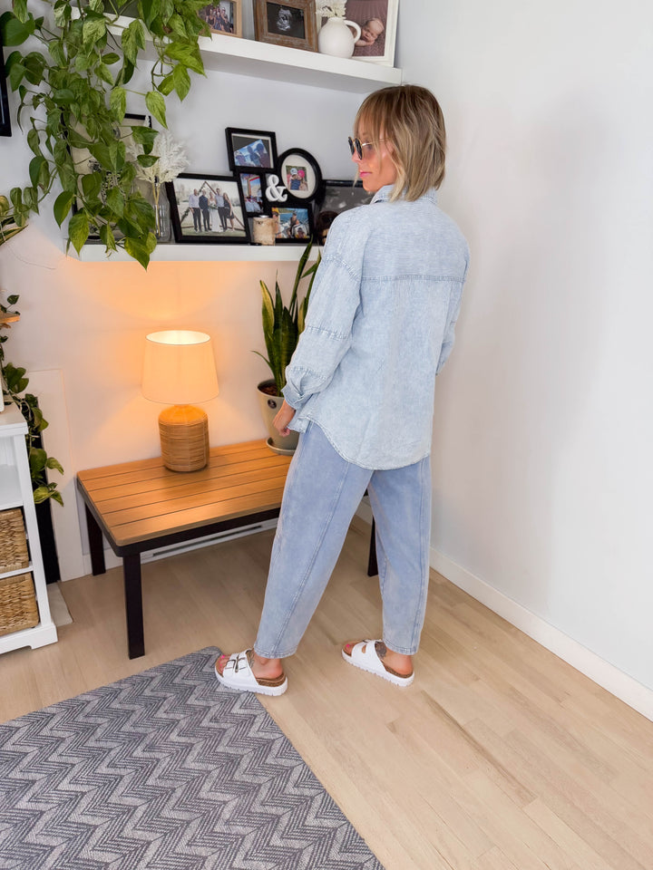 Keely Cotton Blend Button Down- LIGHT INDIGO