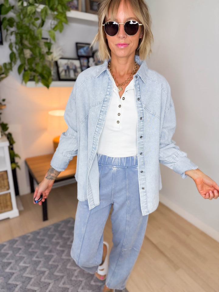 Keely Cotton Blend Button Down- LIGHT INDIGO